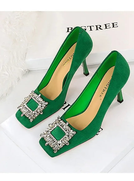 Fashion Women High Heels Metal Rhinestone Buckle Square