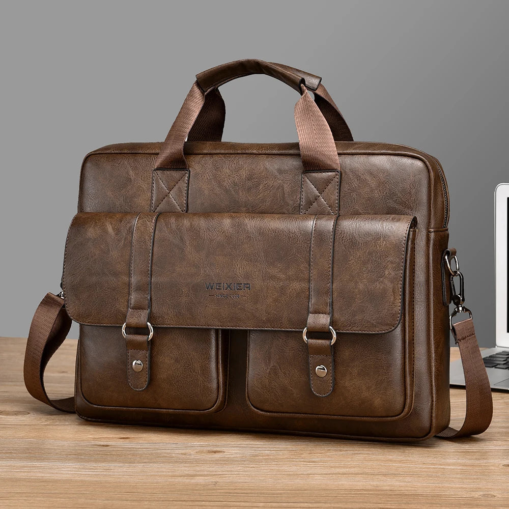 Mens Business Briefcase Large Capacity PU Leather Laptop Bag Fashion Crossbody Shoulder Tote Bag for Work Office