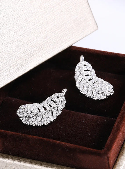 KissIcon 925 Silver Plated Feather Earrings - Zircon Shine