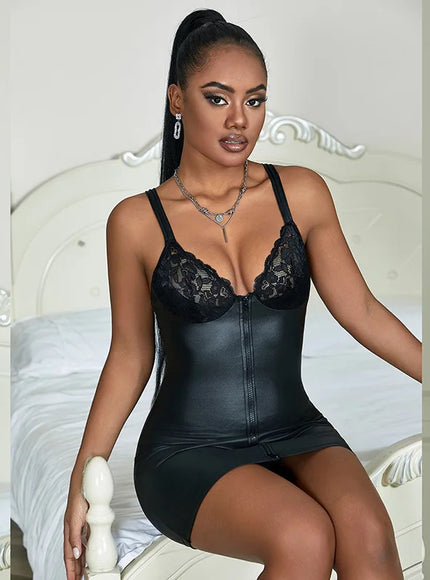 Plus Size Sexy woman zipper open faxu leather PU Dress lingerie set Clubwear night wear Hot from M-5XL
