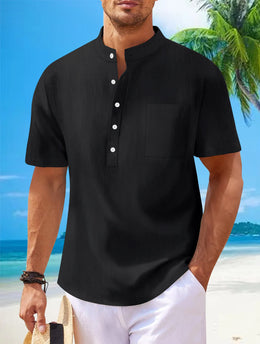 2025 Autumn Cross-Border Men's Cotton and Linen Stand Collar Short Sleeved Shirt, Loose Casual Henley Shirt for Men