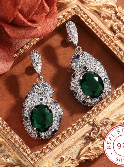 925 Silver Plated Leopard Earrings With Shiny Green Zircon