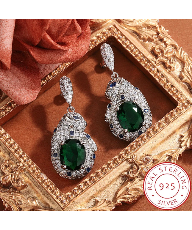 925 Silver Plated Leopard Earrings With Shiny Green Zircon