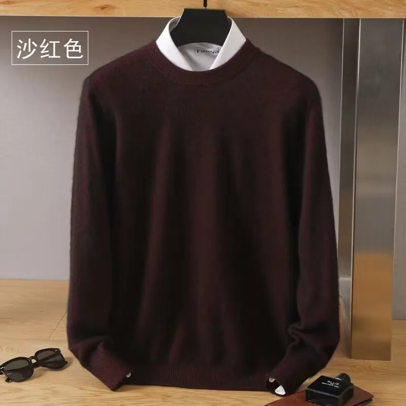 Autumn Winter New Men's Sweater Round Neck Loose Pullover Knitted Sweater Casual Solid Color Thickened 100% Mink Cashmeresweater