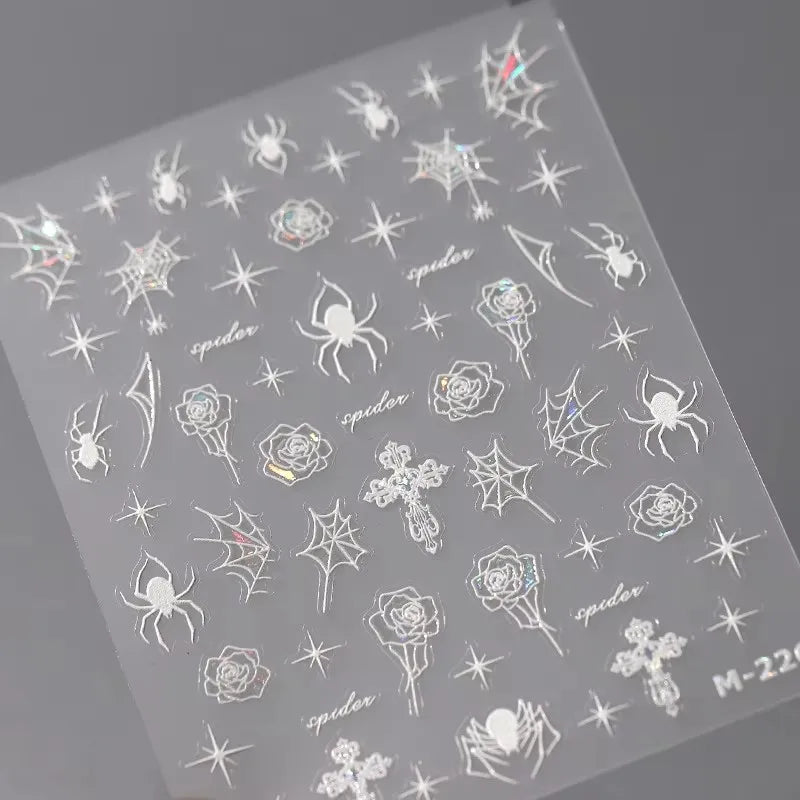 Shiny Silver Spider Web Insect Butterfly Dark Black Rose Flowers Ladybug Cicada Horrible Halloween Y2K Nail Art Stickers Decals