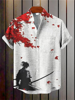 Men's short-sleeved shirt, samurai ink painting print, loose and breathable casual top, trendy retro design Hawaiian shirt.