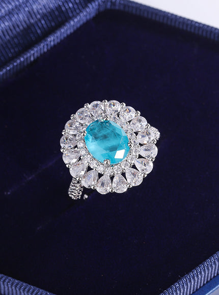 Kiss Icon Paraiba Sapphire Flower Ring - Geometric Zirconia