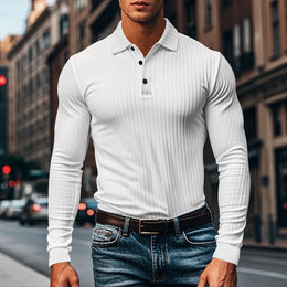 Cross-border Autumn Men's Classic Casual American Lapel Button-up Long-sleeved T-Shirt Elastic Pit Strip Polo Shirt