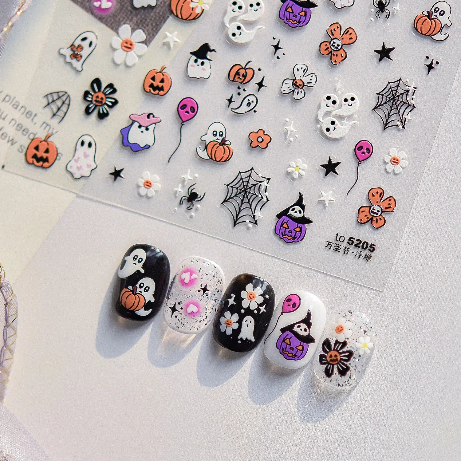 Cute Halloween 5D Nail Art Sticker Ghosts Spooky Spider Webs Evil Pumpkin Faces Festive Balloons Floral Stars Fun Scary Decals