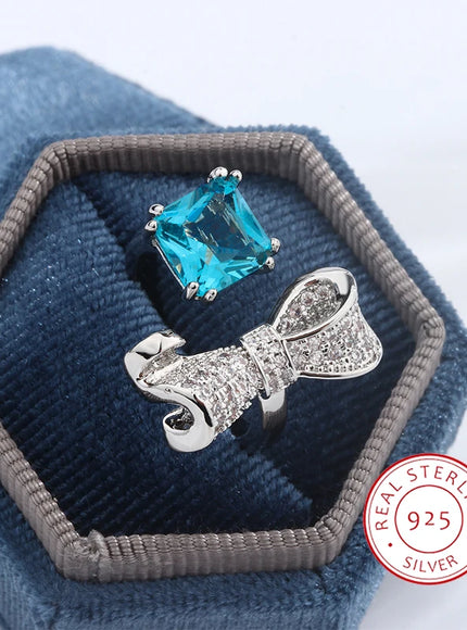 Sweet Wind Girl Sense Water Drop Bow Ring Light Luxury Design Opening Adjustable Blue Sugar Diamond S925 Couples for Women