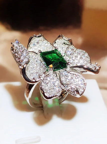 KissIcon Luxury 925 Silver Ring Flower Jewelry Green Zircon