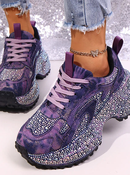 Luxury Rhinestone Chunky Sneakers for Women Fashion Purple Denim Platform Sports Shoes Woman Non Slip Thick Sole Vulcanize Shoes