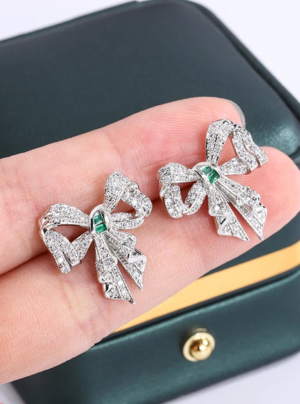 KissIcon Bow Shape Earrings - Sparkle Zircon Silver Plated