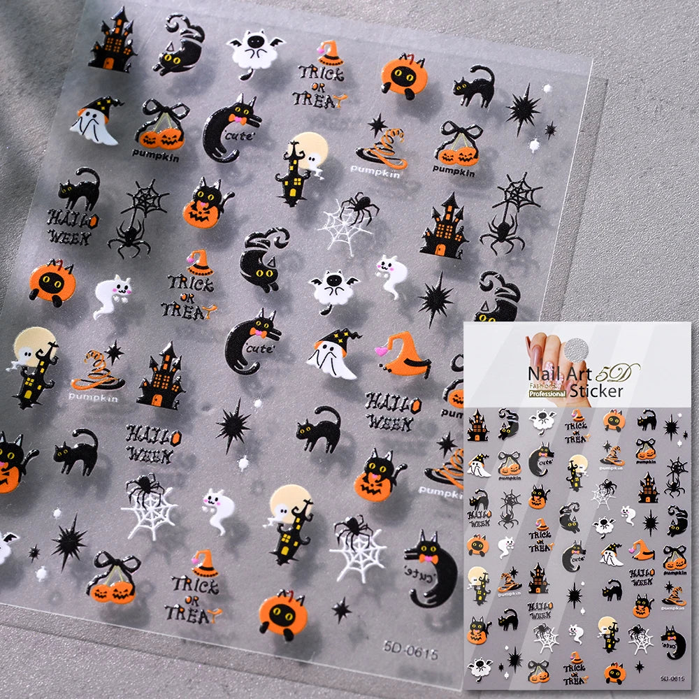 5D Skeleton Bat Halloween Nail Art Stickers y2k Black Bat White Skull Adhesive Emobossed Nail Decorative Decals Halloween Slider