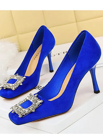 Fashion Women High Heels Metal Rhinestone Buckle Square
