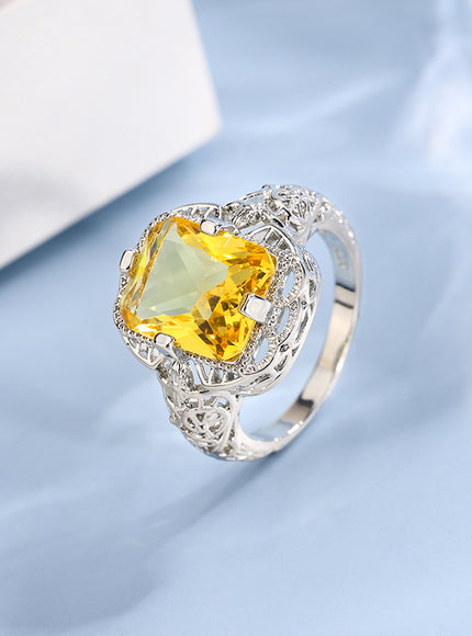 Ladies 925 Silver Plated High-grade Moissanite Citrine Hollow Wedding Engagement Ring High-end Jewelry Luxury Ladies Ring