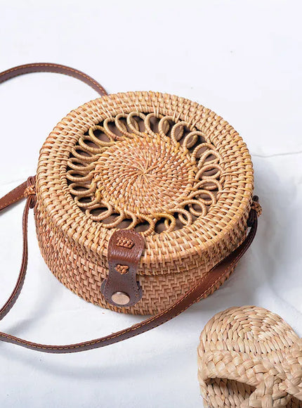 Hand-woven Straw Rattan Small Round Shoulder Crossbody