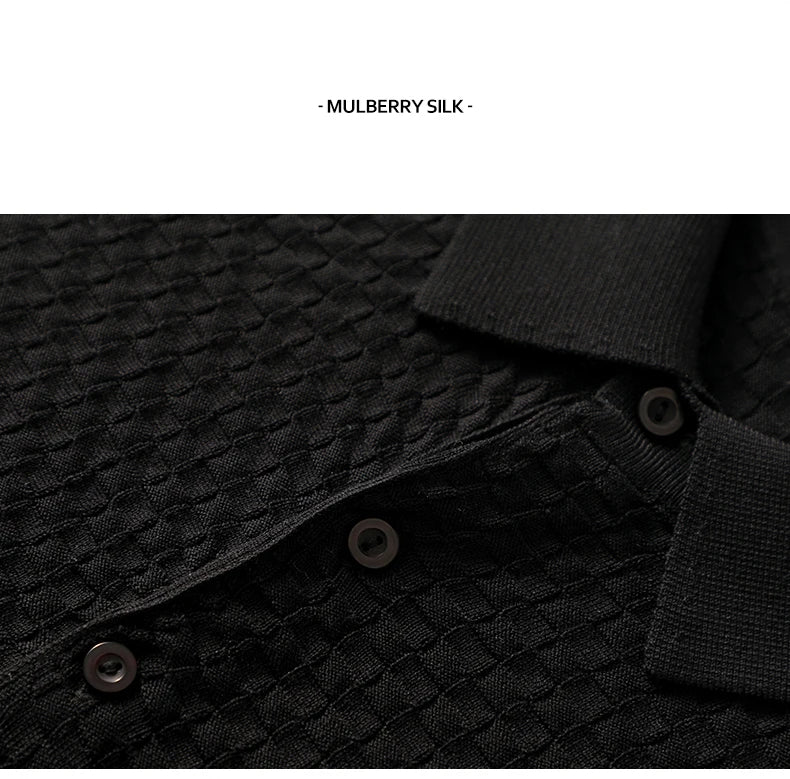 Business High-End Quality Men's Silk Pullover Short Sleeved POLO Neck Solid Color Breathable T-Shirt Knit Bottom Top 2023 Summer