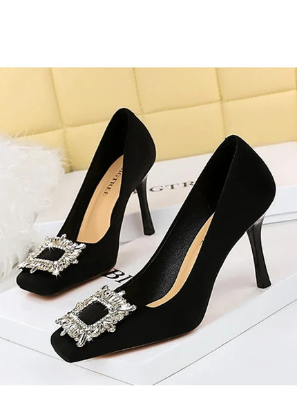 Fashion Women High Heels Metal Rhinestone Buckle Square