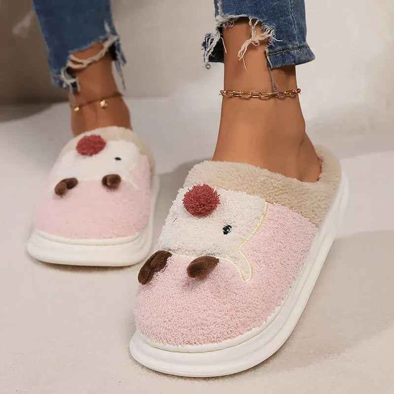 KissICON Cartoon Christmas Elk Fluffy Slippers Women Winter Warm