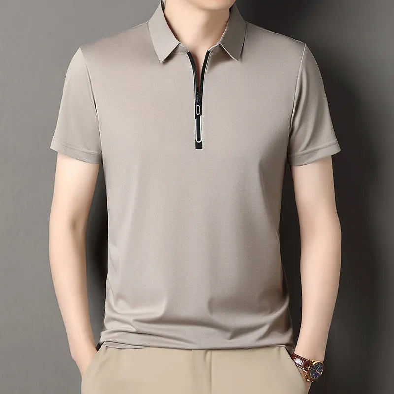 New Men's Business Casual Zipper Short Sleeve Solid Color Polo Shirt Fashionable Warm Comfortable Four Seasons Versatile Top