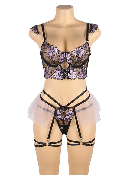 Plus Size Floral Transparent Lace Women Bra and Panties  Jajama Set Lingrie Set from M-5XL
