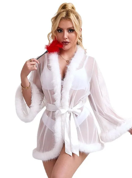 Plus Size  Sheer Mesh Women's Robe Sets See Through Nightgowns Elegant Sleepwear Sexy Lingerie Sets with Soft Fur Edge Rolling