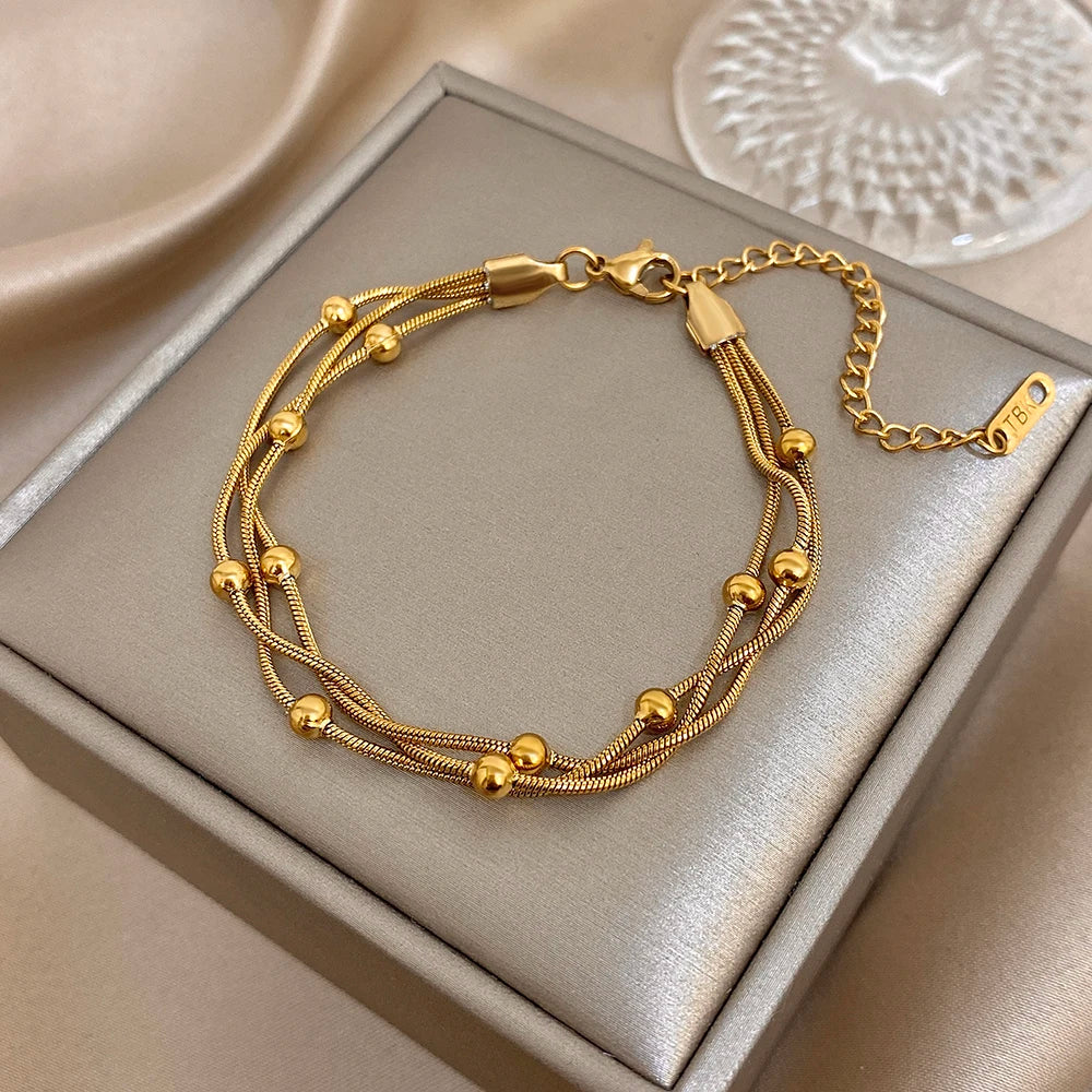 Stylish Gold Silver Color Stainless Steel Adjustable Bracelet for Women Elegant Multilayer Wrap Beaded Bracelets Party Jewelry