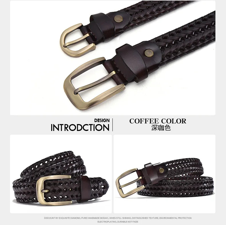 Men Genuine Leather Braided Belts Webbing High Quality Braided Vintage Belt for Men Gold Pin Buckle Casual for Jeans Strap