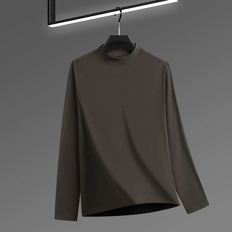 2026 New Men's Casual Solid Color High Collar Velvet Long Sleeve T-shirt Spring and Autumn Versatile Comfortable Top