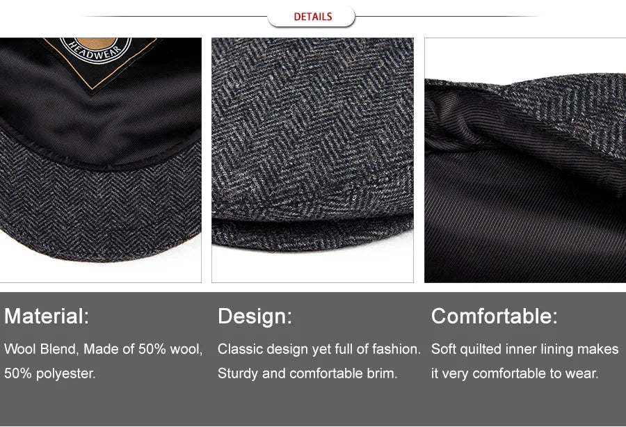 VOBOOM Wool Tweed Herringbone Irish Cap Men Women Beret Cabbie Driver Hat Newsboy Caps Golf Ivy Flat Hats Green Navy Black