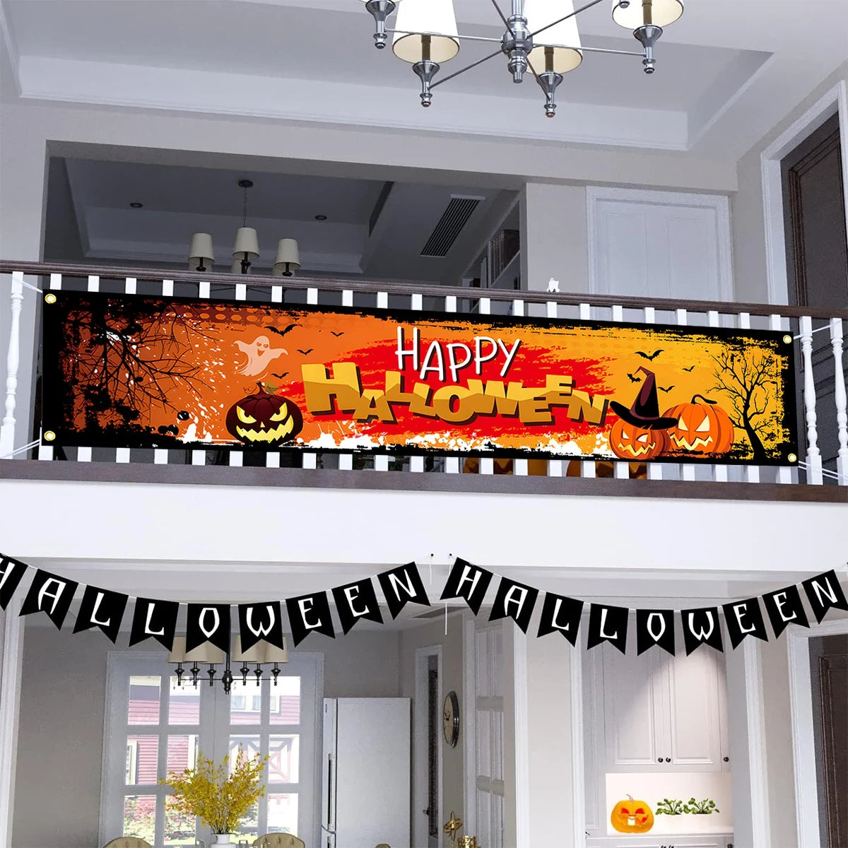 200x40cm Happy Halloween Pumpkin Bat Ghost Print Party Backdrop Polyester Hanging Banner 2025 Halloween Decorations