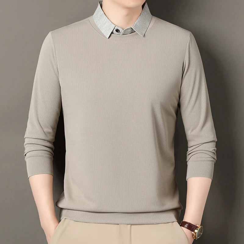 2026 New Men's Fake Two Piece Polo Shirt Casual Fashion Long Sleeve Collar T-shirt Versatile Top