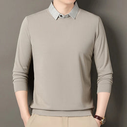 2026 New Men's Fake Two Piece Polo Shirt Casual Fashion Long Sleeve Collar T-shirt Versatile Top
