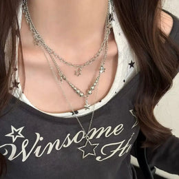 Women's Trendy Y2K Vintage Goth Star Pendant Necklace Multi Layered Simple Metal Chain Charm Statement Jewelry Gift