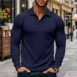 Cross-border Autumn Men's Classic Casual American Lapel Button-up Long-sleeved T-Shirt Elastic Pit Strip Polo Shirt