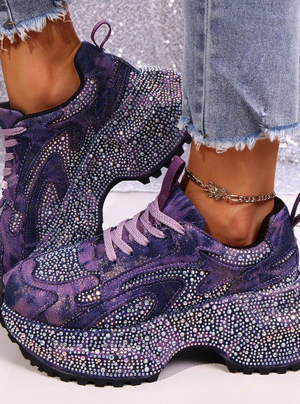 Luxury Rhinestone Chunky Sneakers for Women Fashion Purple Denim Platform Sports Shoes Woman Non Slip Thick Sole Vulcanize Shoes