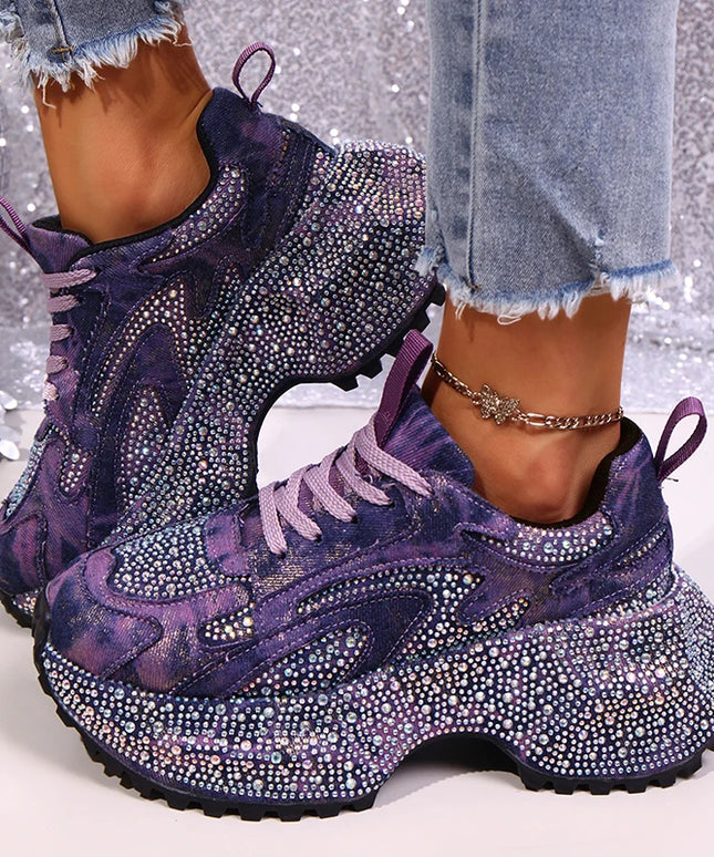 Luxury Rhinestone Chunky Sneakers for Women Fashion Purple Denim Platform Sports Shoes Woman Non Slip Thick Sole Vulcanize Shoes