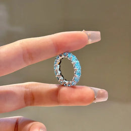 KissICON S925 Sterling Silver Ring Heavy Industry High-End Full Diamond Row Ring Fashionable Versatile High Carbon Diamond Aquamarine Rin