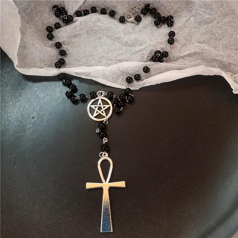 Geometric Irregular Metal Vortex Cross Pendant Long Rope Chain Beaded Necklace For Men Women Sweater Chain Jewelry Accessories