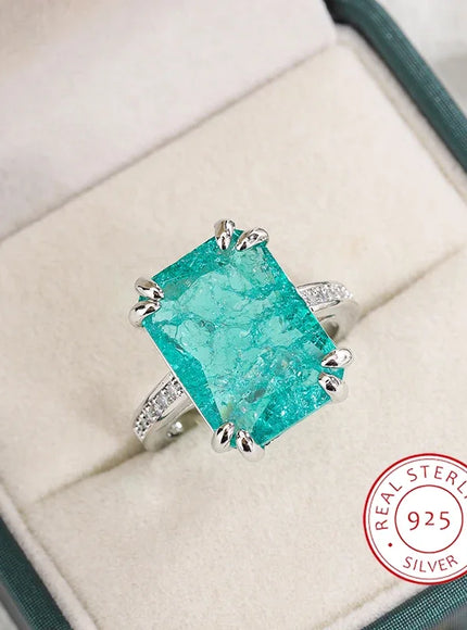 KissIcon Blue Green Moissanite Ring 925 Silver - Sparkling