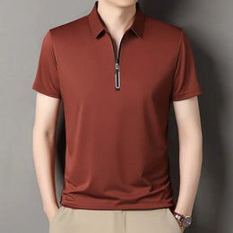 New Men's Business Casual Zipper Short Sleeve Solid Color Polo Shirt Fashionable Warm Comfortable Four Seasons Versatile Top