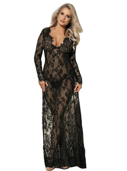 Plus Size/Big Size Full Lace Half Transpaent for fat women Sexy lingerie Long Dress nighty for ladies  sexy sleepwear