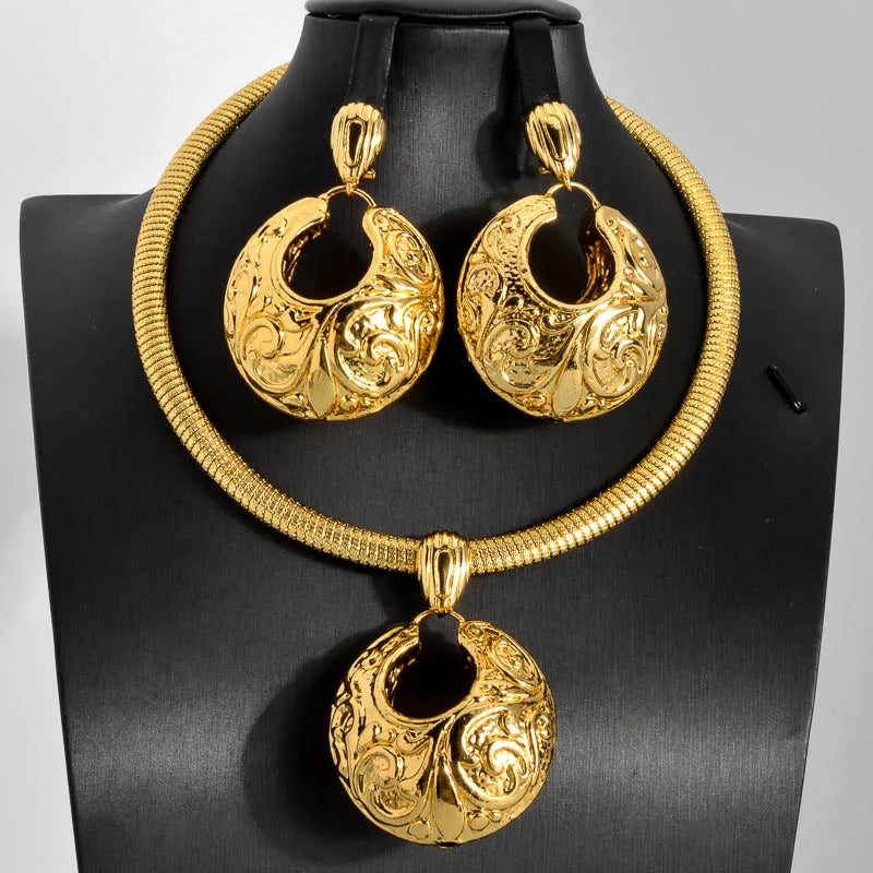 Gold Color Collar Necklace Earrings Jewelry Set For Women Dubai Africa Luxury Quality Jewellery Party Wedding Accessories