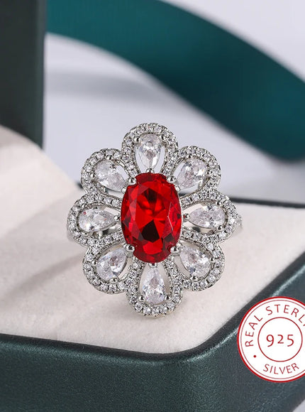 Fashion Drop Pendant Pear-shaped Zirconia Ring 925 Stamp High Quality Jewellery Imitation Natural Pigeon Blood Ruby Oval Ring