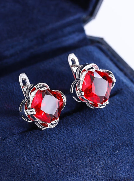 KissIcon 925 Silver Clover Stud Earrings - Red Zircon Gift.