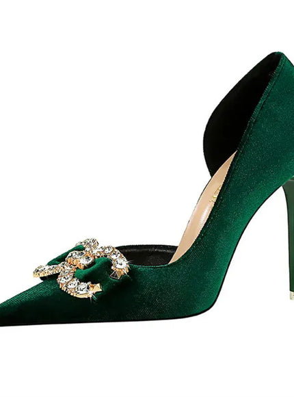 Fashion Women High Heel Rhinestone Buckle Bow Green