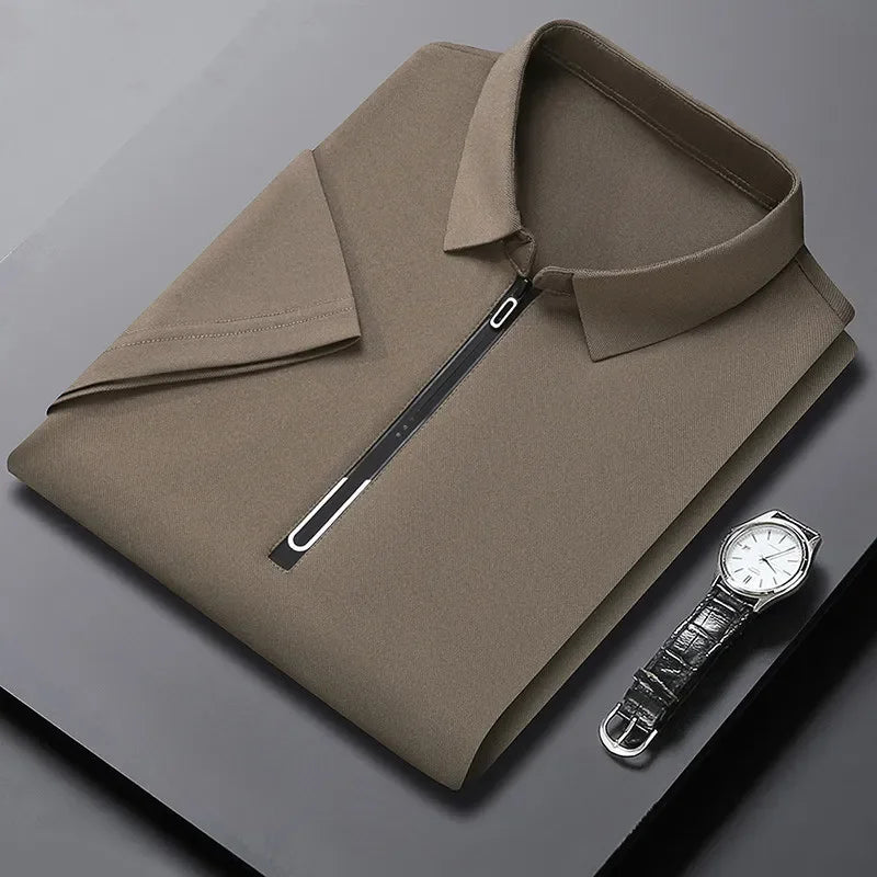 New Men's Business Casual Zipper Short Sleeve Solid Color Polo Shirt Fashionable Warm Comfortable Four Seasons Versatile Top