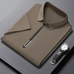 New Men's Business Casual Zipper Short Sleeve Solid Color Polo Shirt Fashionable Warm Comfortable Four Seasons Versatile Top