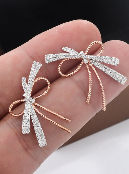 S925 Silver Plated Bowknot Stud Earrings Two Tone Zircon